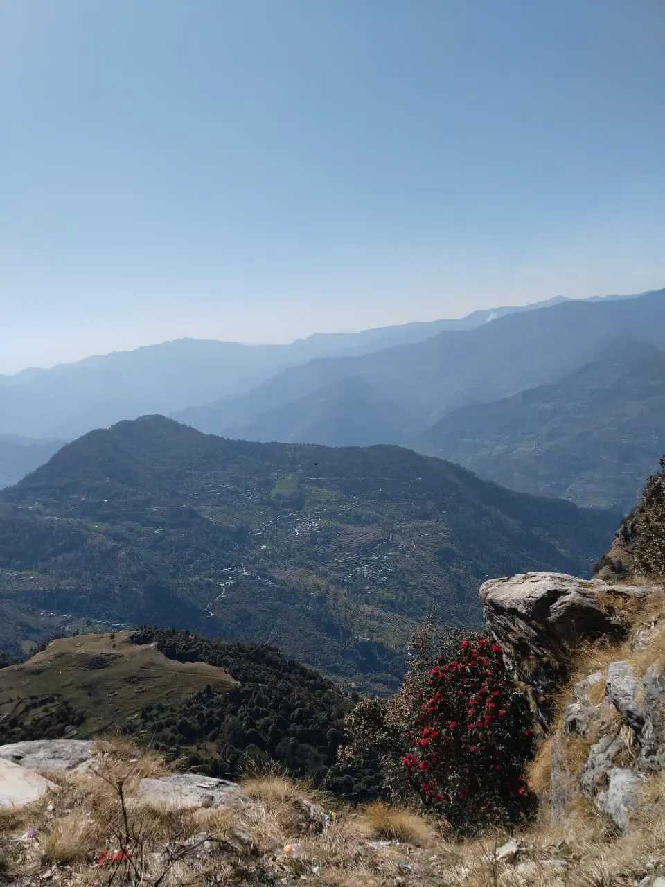 Panoramic Himalayan mountain view from Kartik Swami Temple trek in Rudraprayag Uttarakhand