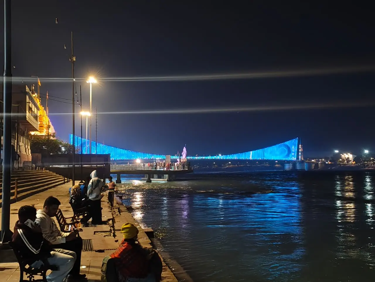 Close view of Janki Setu illuminated at night in Rishikesh